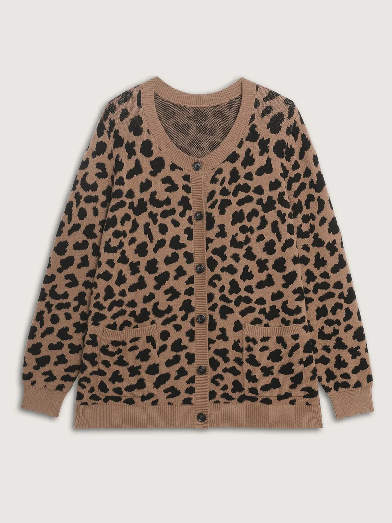 Supersoft Leopard Print Pockets Contrast Knit Cardigan