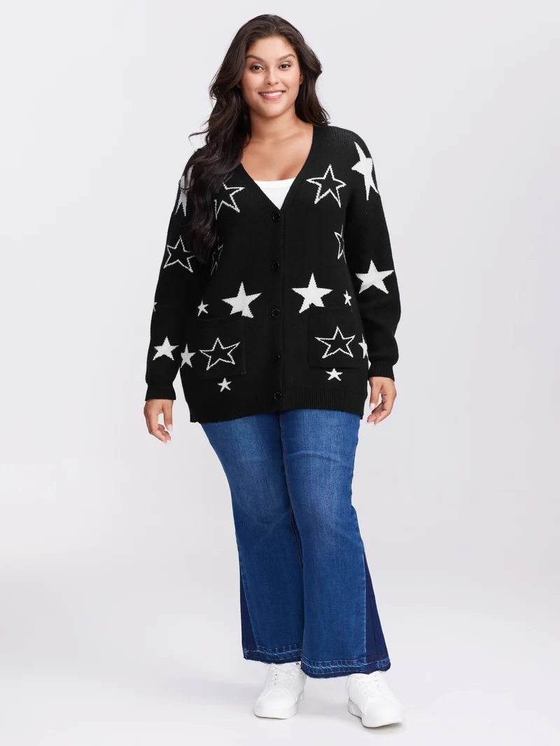 Supersoft Star Jacquard Pockets Button Knit Cardigan