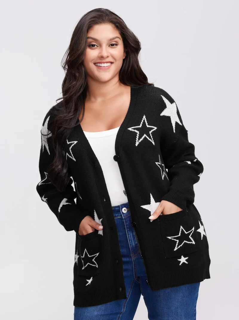 Supersoft Star Jacquard Pockets Button Knit Cardigan