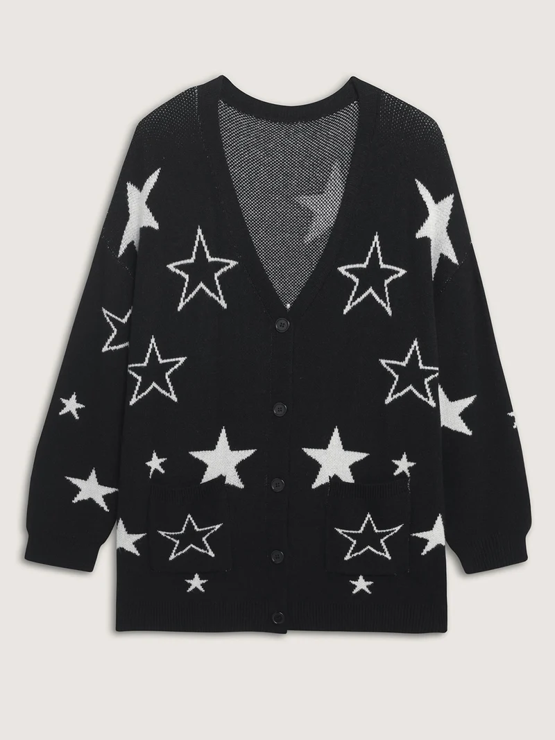 Supersoft Star Jacquard Pockets Button Knit Cardigan