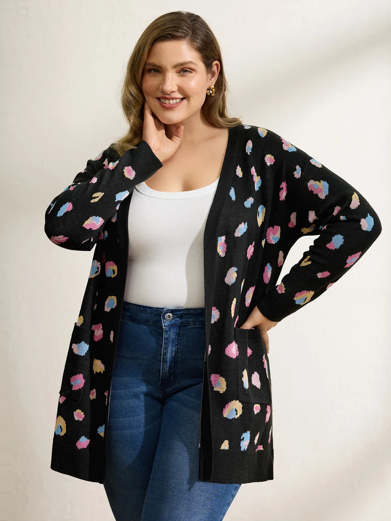 Colorful Leopard Print Pockets Knit Cardigan