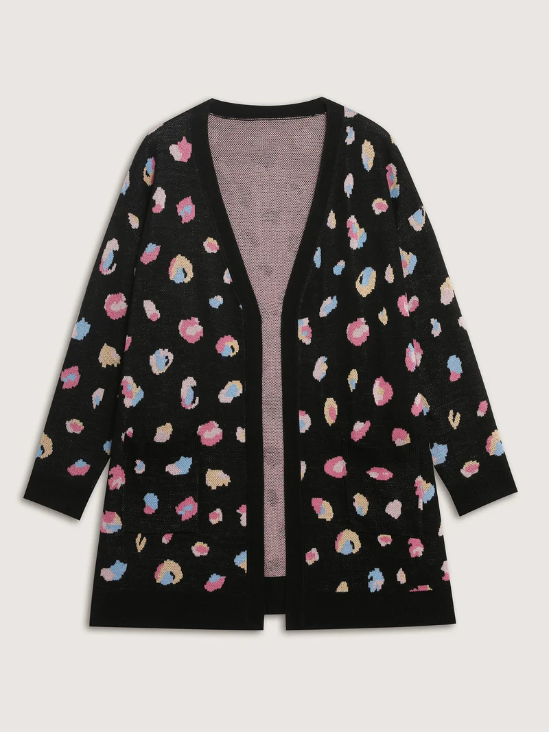 Colorful Leopard Print Pockets Knit Cardigan
