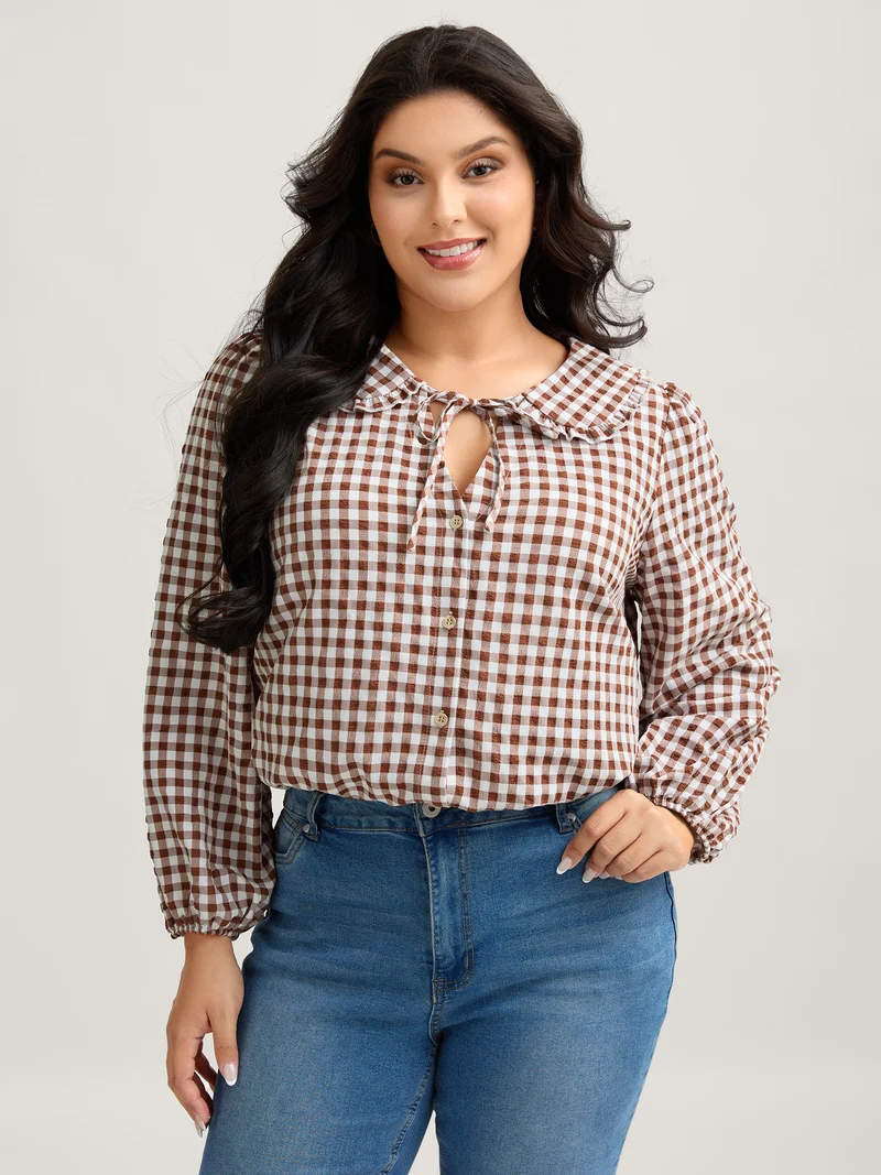 Sweet Gingham Print Placket Button-Down Shirt