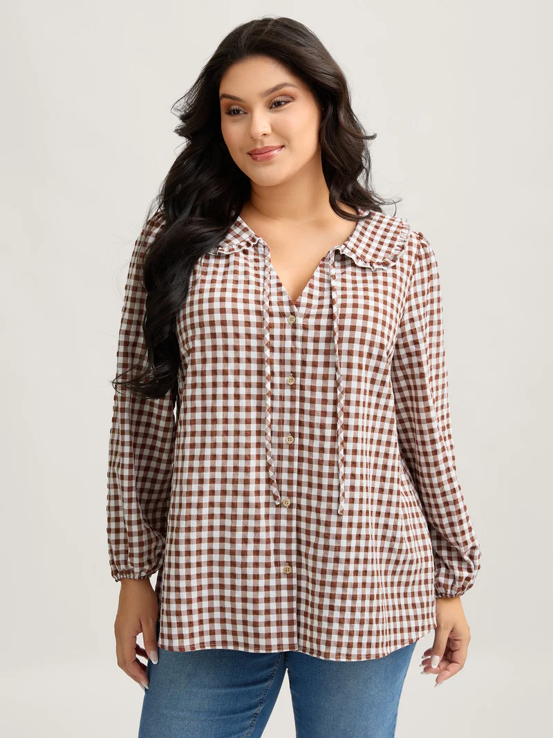 Sweet Gingham Print Placket Button-Down Shirt