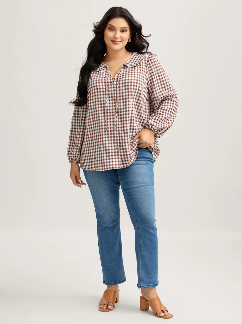 Sweet Gingham Print Placket Button-Down Shirt