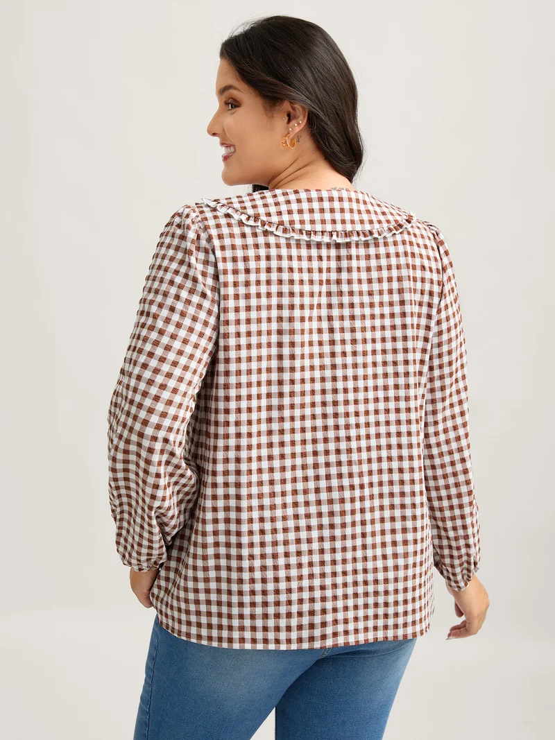 Sweet Gingham Print Placket Button-Down Shirt