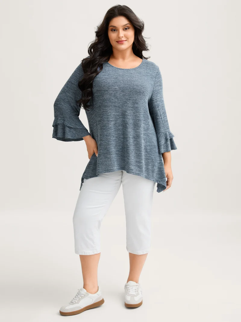 Stretchy Heather Layered Ruffle Sleeve T-Shirt