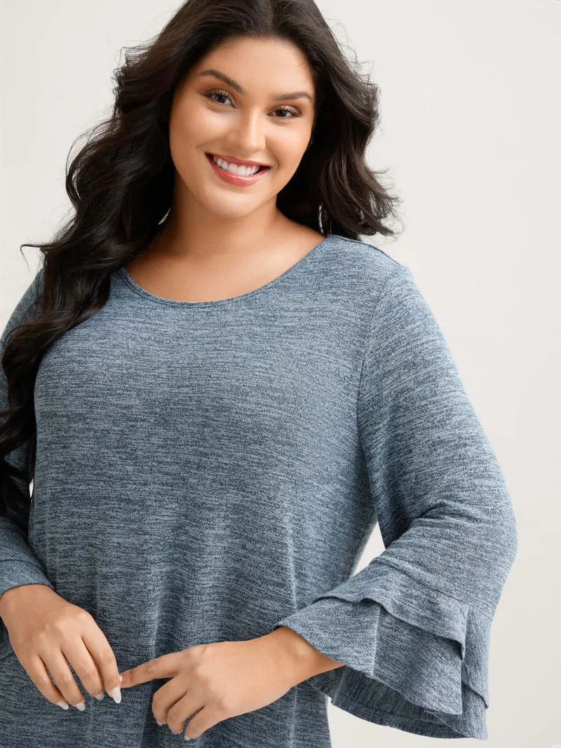 Stretchy Heather Layered Ruffle Sleeve T-Shirt
