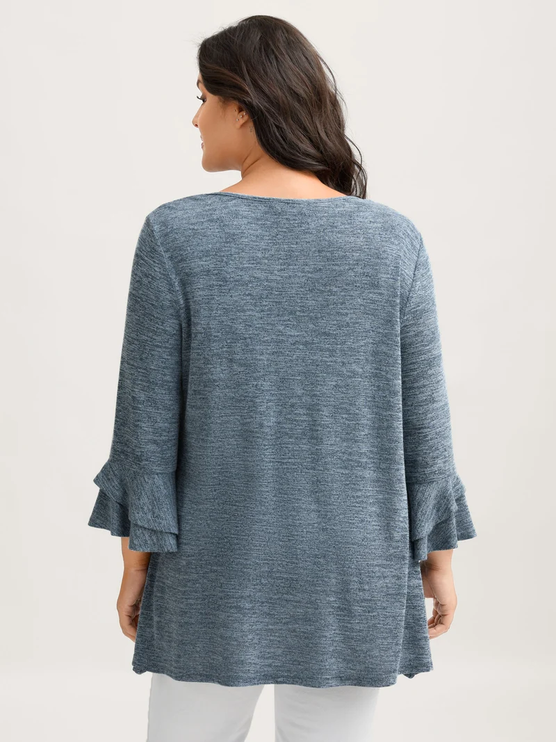 Stretchy Heather Layered Ruffle Sleeve T-Shirt