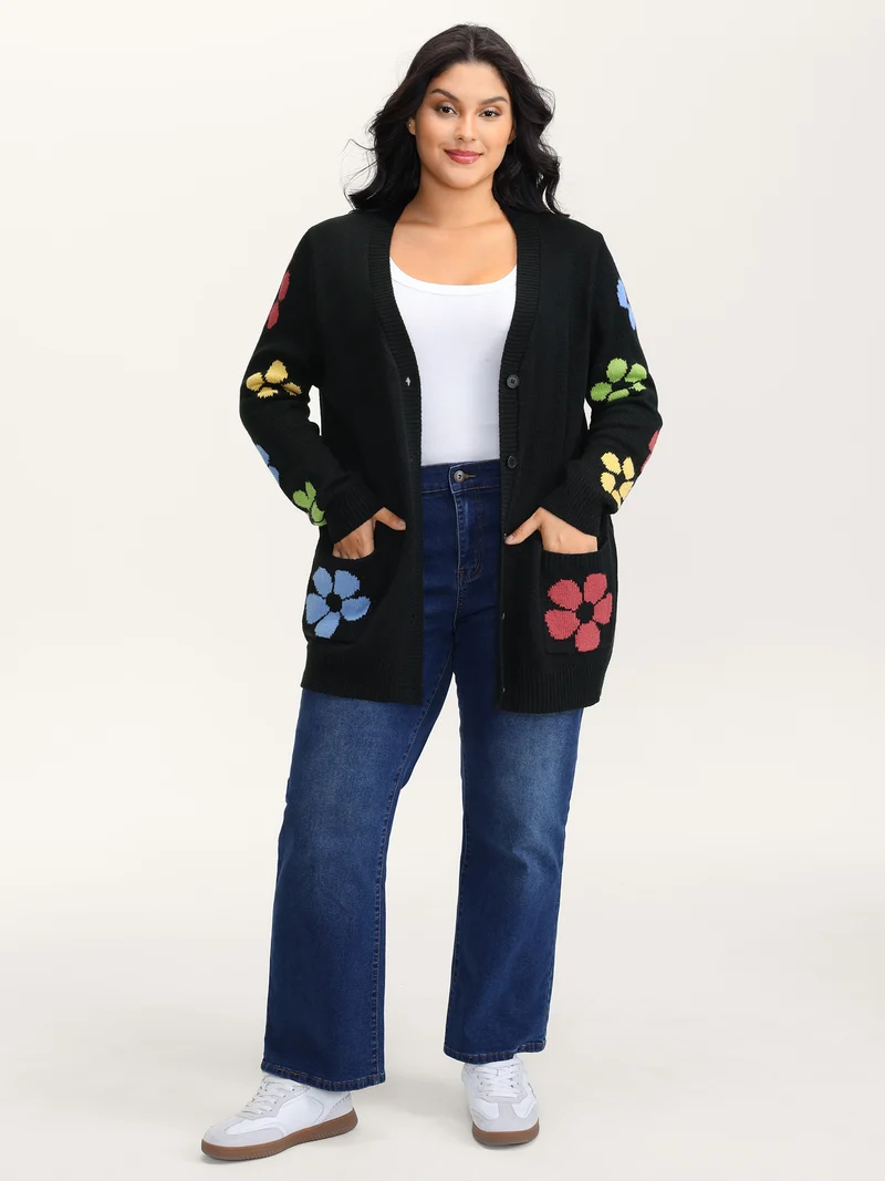 Colorful Floral Pattern Button Knit Cardigan