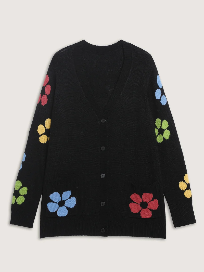 Colorful Floral Pattern Button Knit Cardigan