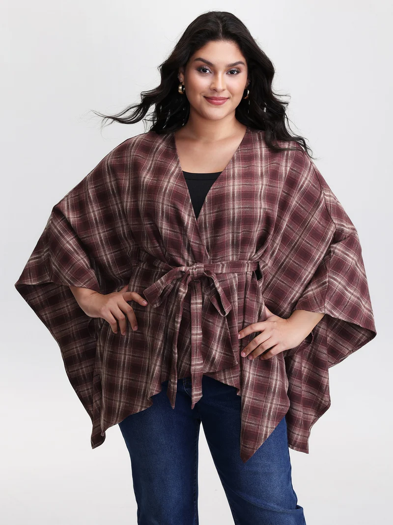 Plaid Asymmetrical Hem Cinched-Waist Coat