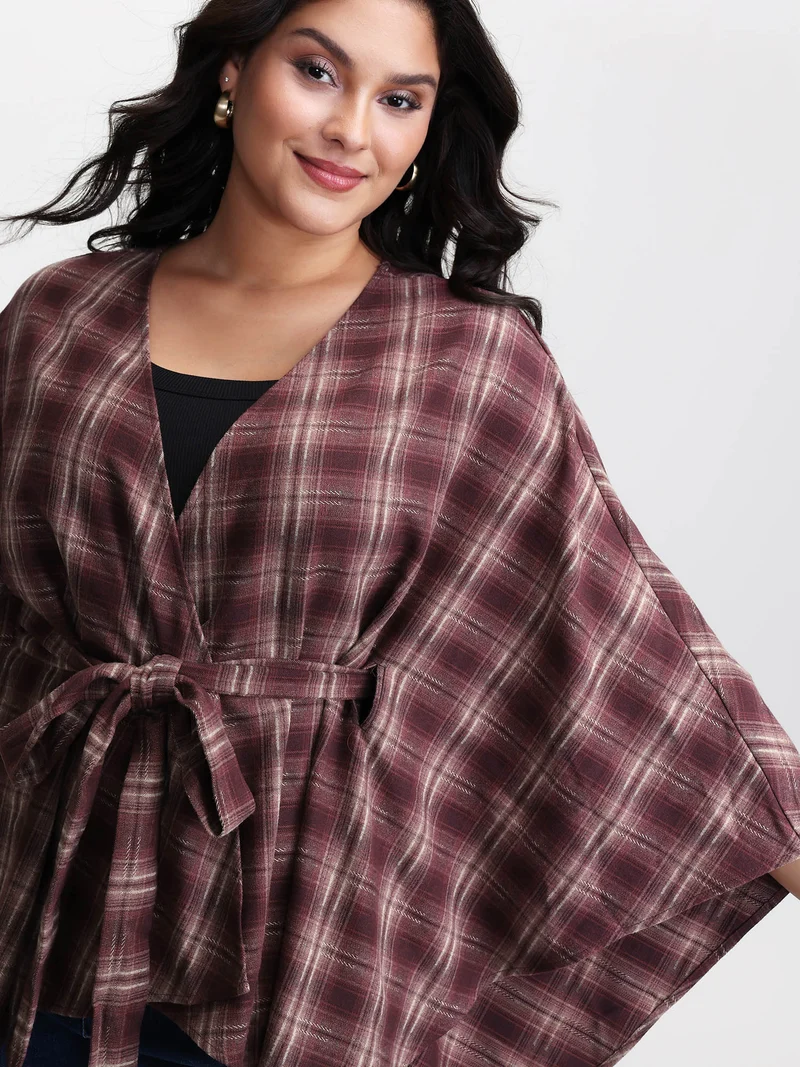 Plaid Asymmetrical Hem Cinched-Waist Coat