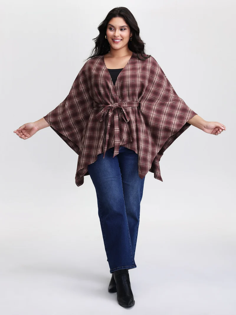 Plaid Asymmetrical Hem Cinched-Waist Coat