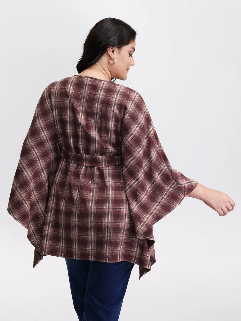 Plaid Asymmetrical Hem Cinched-Waist Coat