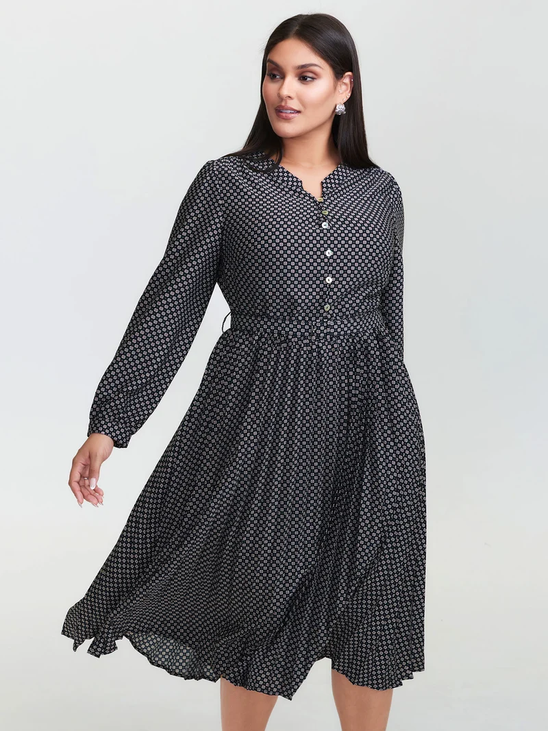 Geometric Print Pleated Notched Collar Midi Dress