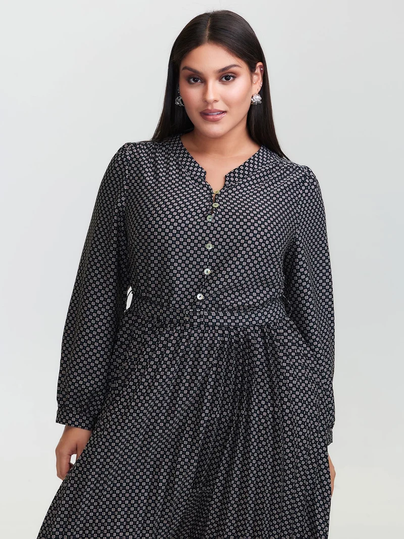Geometric Print Pleated Notched Collar Midi Dress