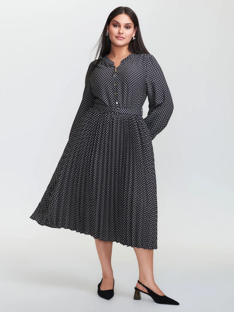 Geometric Print Pleated Notched Collar Midi Dress
