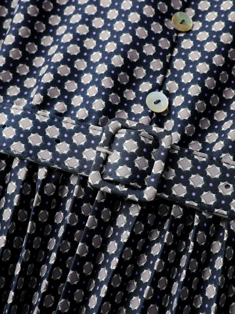 Geometric Print Pleated Notched Collar Midi Dress