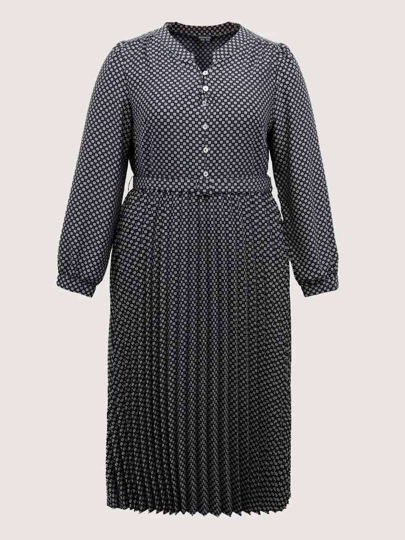 Geometric Print Pleated Notched Collar Midi Dress