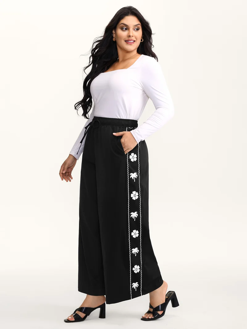 Floral Side Drawstring Wide-Leg Pants