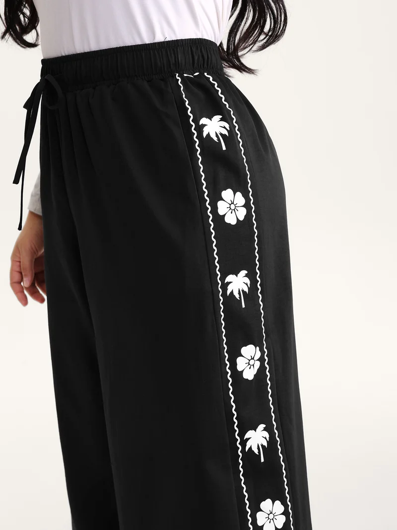 Floral Side Drawstring Wide-Leg Pants