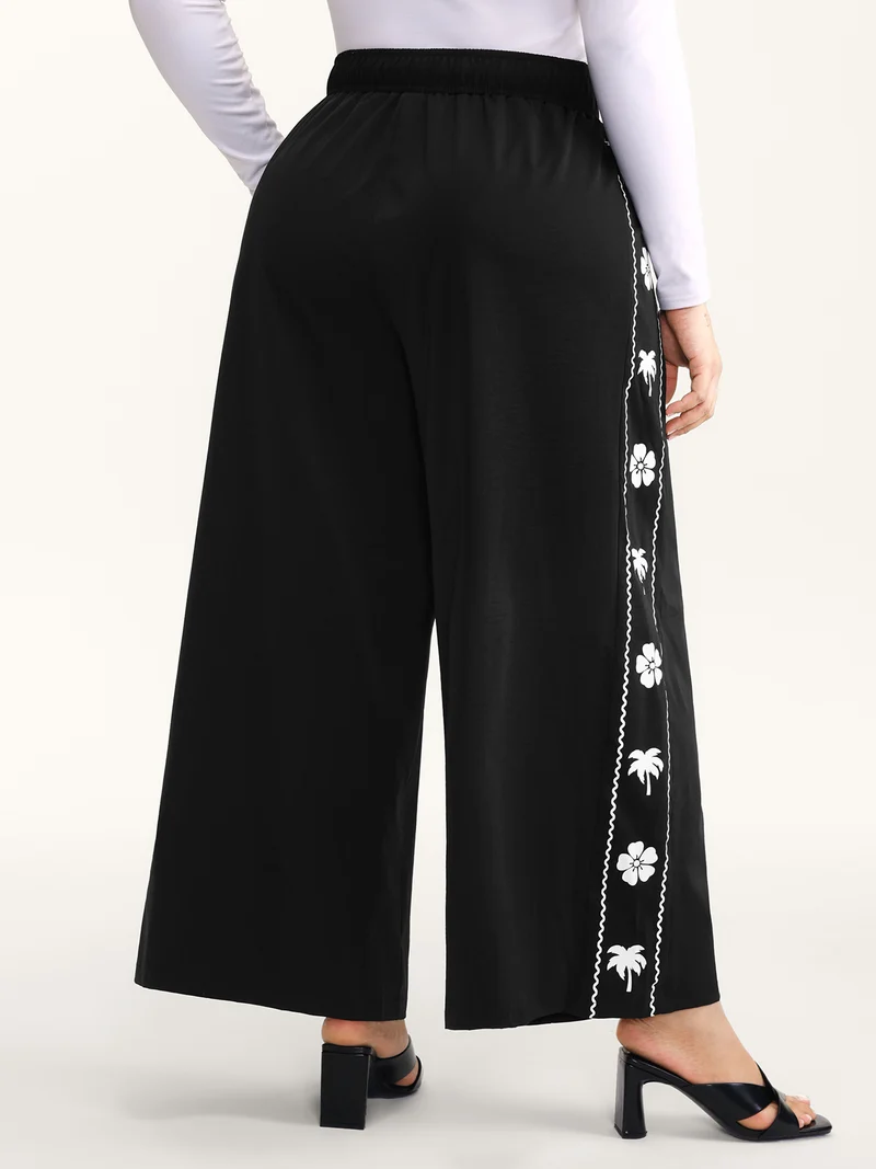 Floral Side Drawstring Wide-Leg Pants
