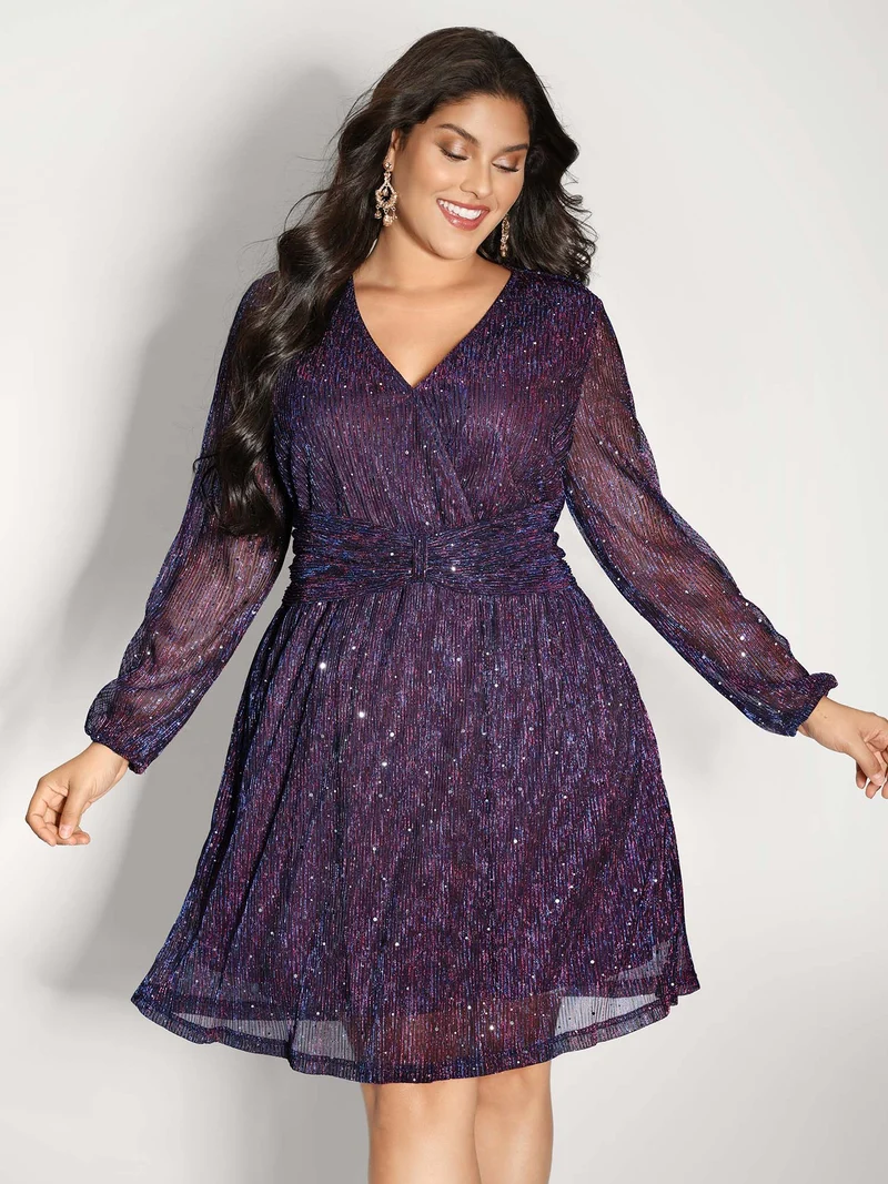Shimmery Pleated-Waist Pockets Knee-Length Dress