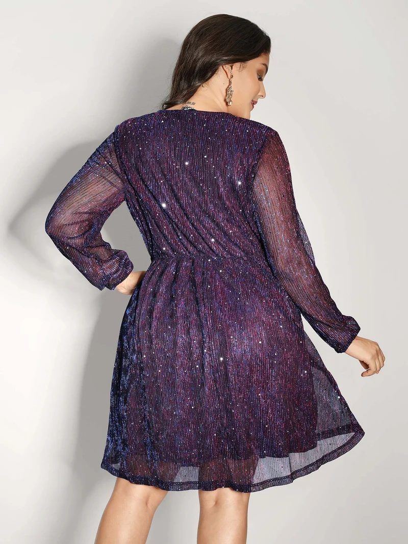 Shimmery Pleated-Waist Pockets Knee-Length Dress