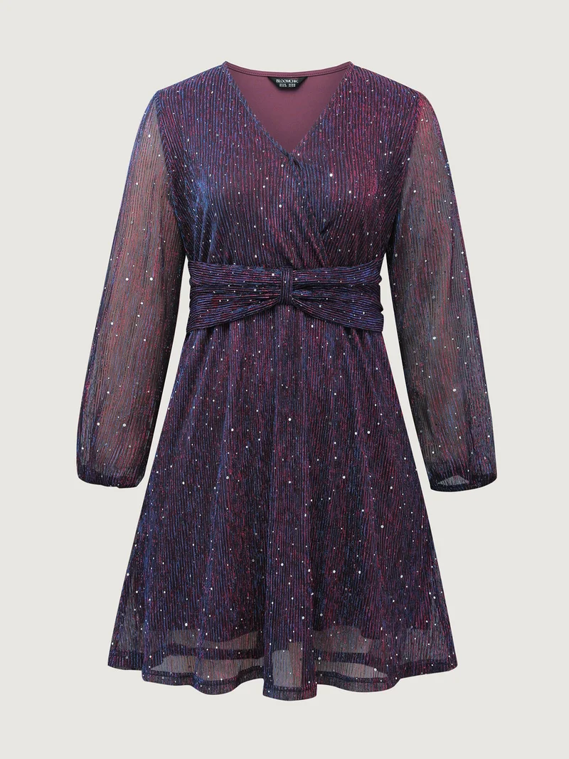 Shimmery Pleated-Waist Pockets Knee-Length Dress