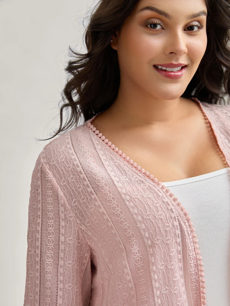 Textured Lace Trim Sheer Kimono Cardigan