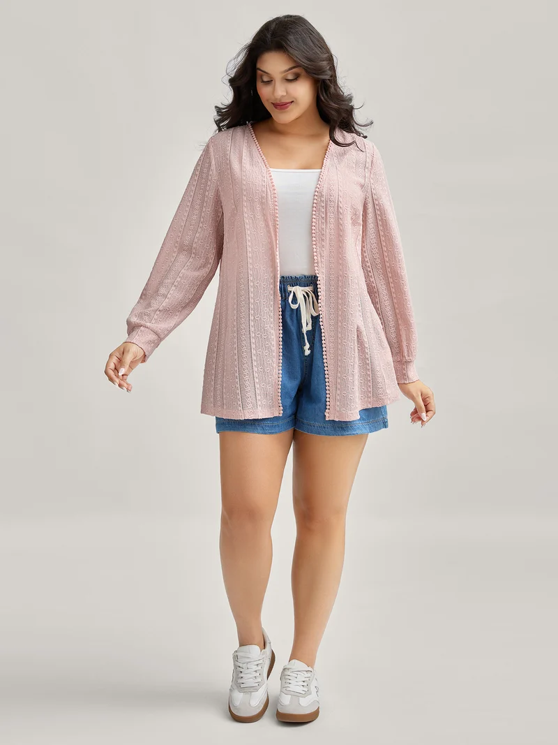 Textured Lace Trim Sheer Kimono Cardigan