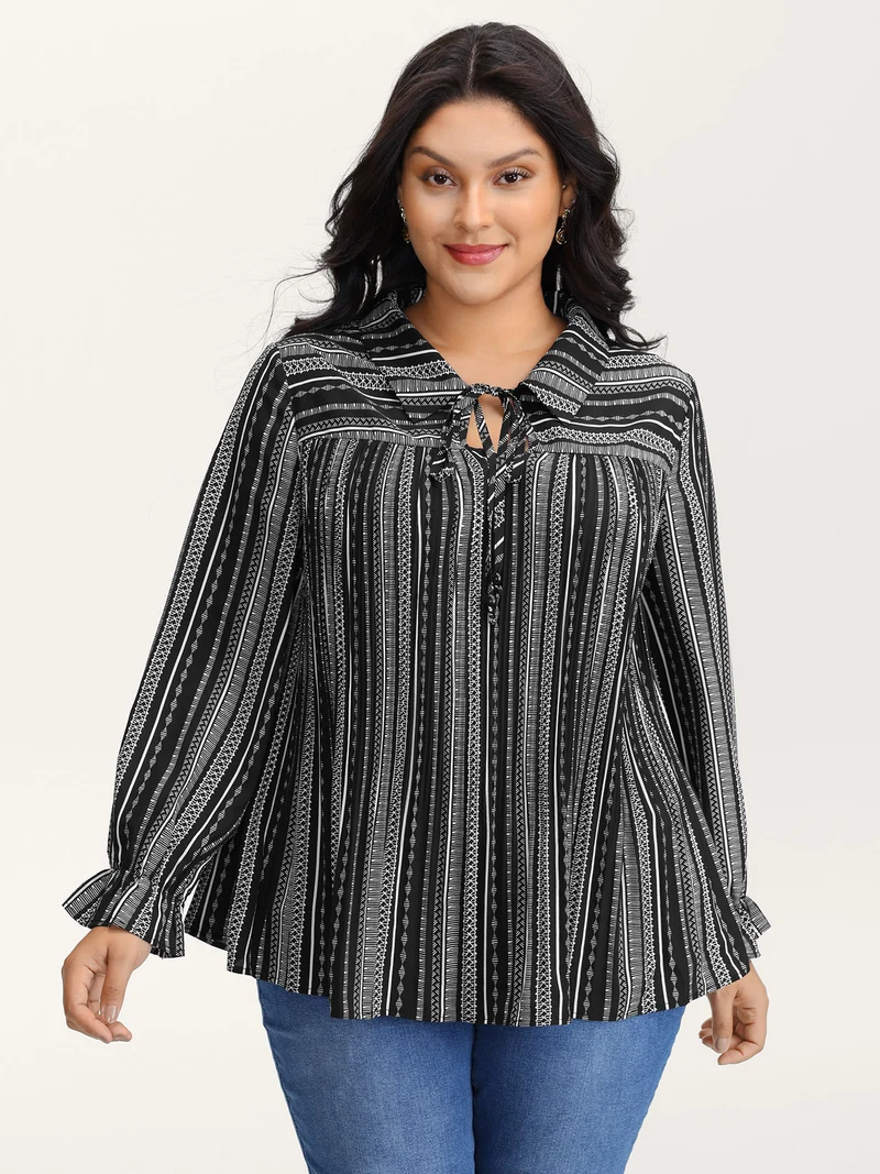 Stripe Print Semi Sheer Pleated Blouse