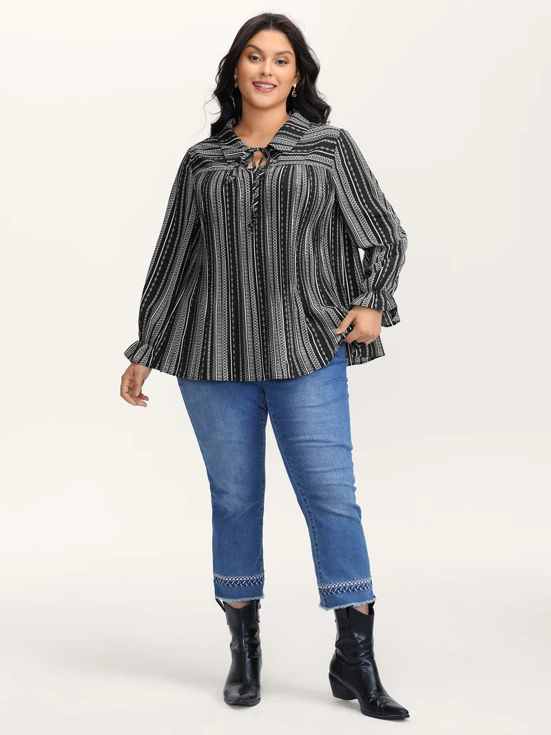 Stripe Print Semi Sheer Pleated Blouse