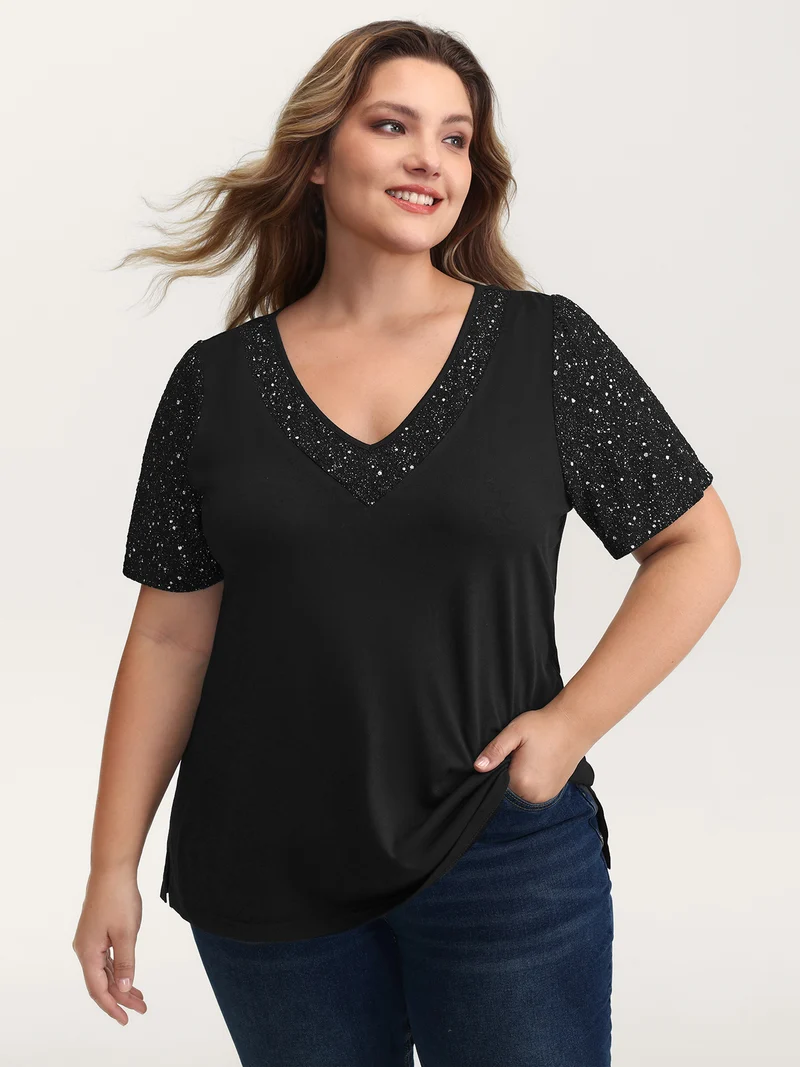 Shimmery Stretchy Spliced Fitted T-Shirt