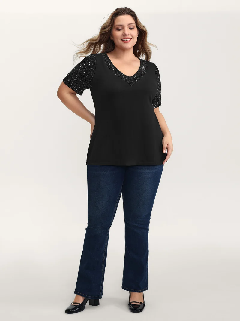 Shimmery Stretchy Spliced Fitted T-Shirt