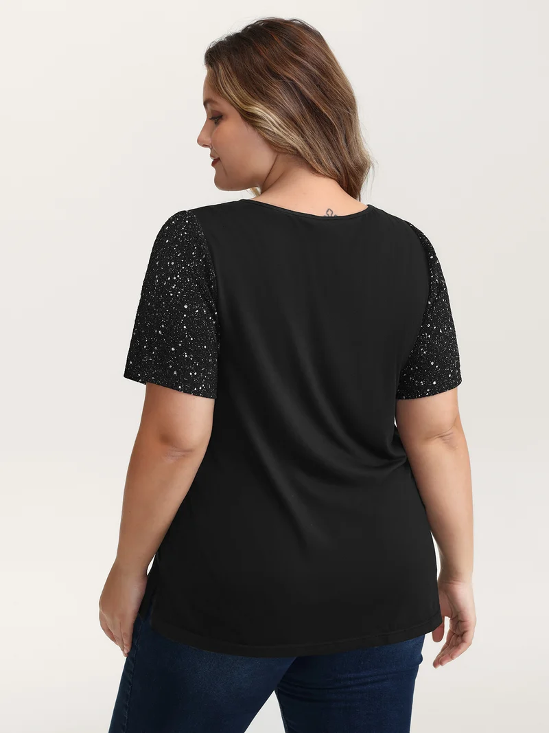 Shimmery Stretchy Spliced Fitted T-Shirt