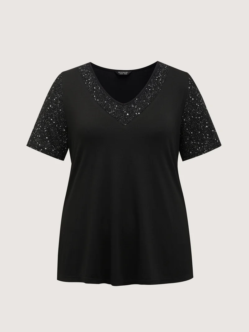 Shimmery Stretchy Spliced Fitted T-Shirt