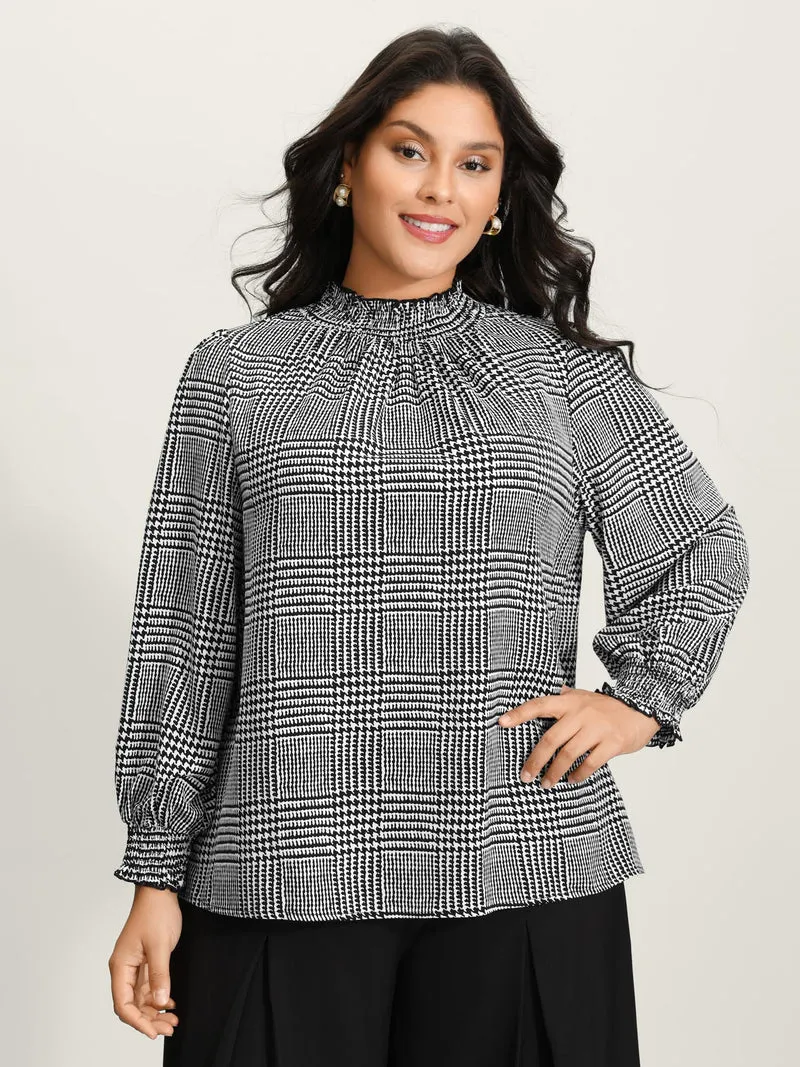 Houndstooth Pattern Ruffled Collar Blouse