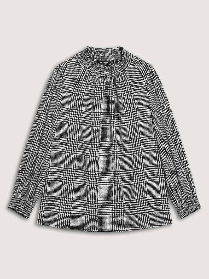 Houndstooth Pattern Ruffled Collar Blouse