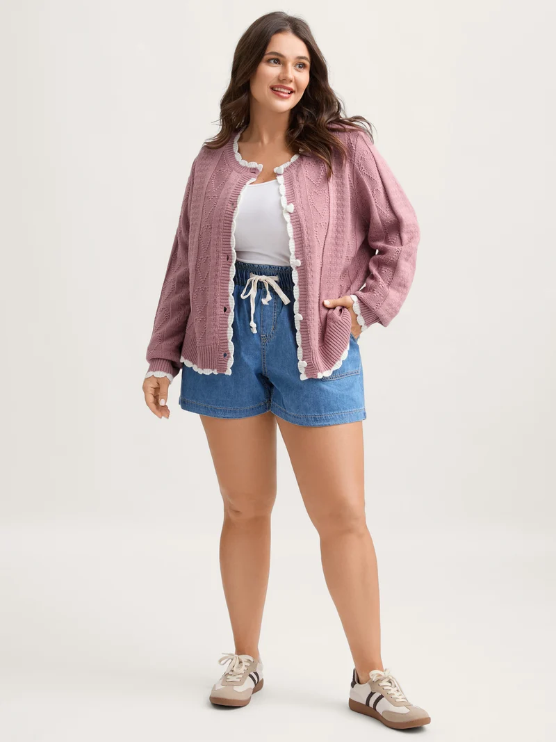 Wavy Contrast Edges Textured Knit Cardigan