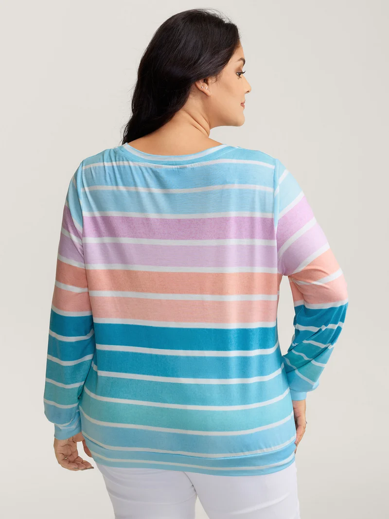 Colorful Stripe Relaxed-Fit Stretchy Hem T-Shirt