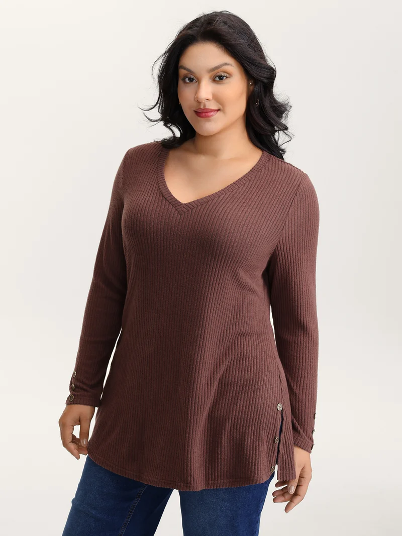 Stretchy Brushed Ribbed Button Detail T-Shirt