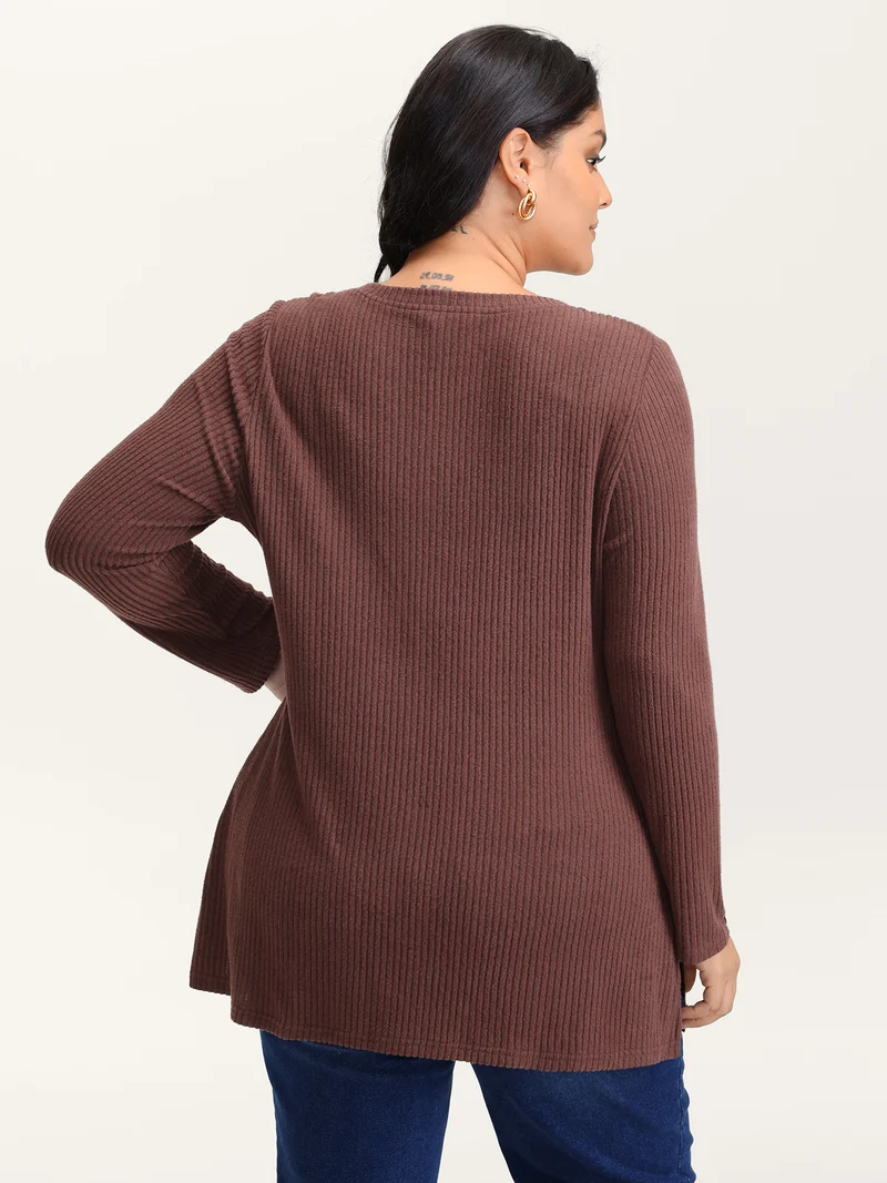 Stretchy Brushed Ribbed Button Detail T-Shirt