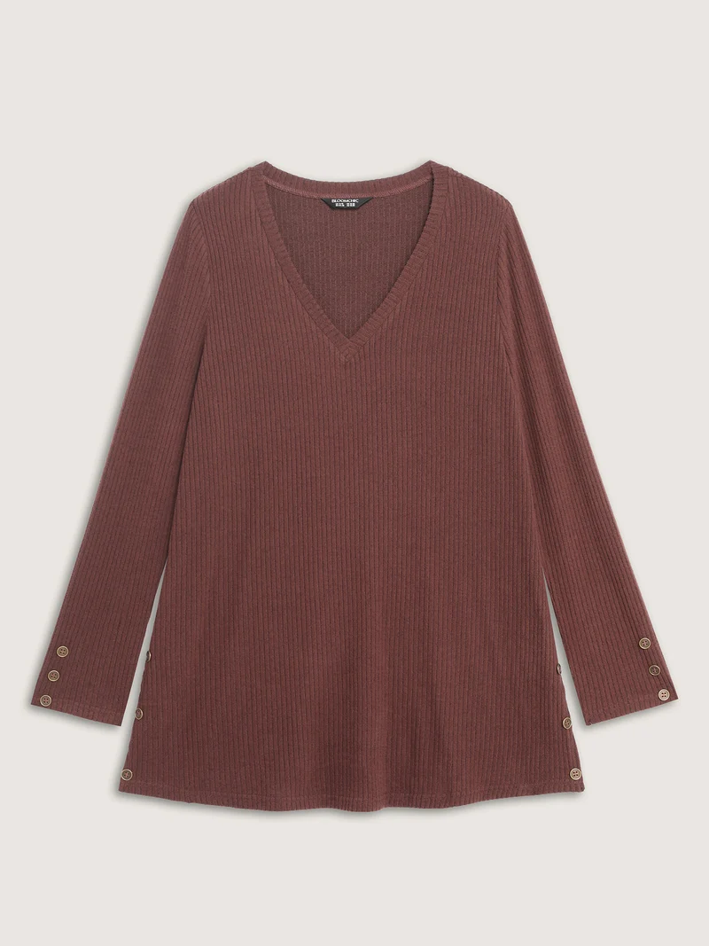 Stretchy Brushed Ribbed Button Detail T-Shirt