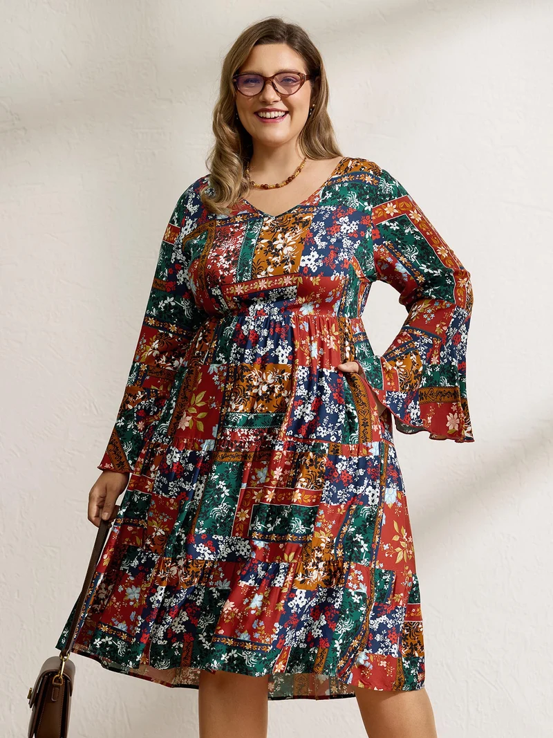 Floral Collage Print Deep V-Neck Midi Dress