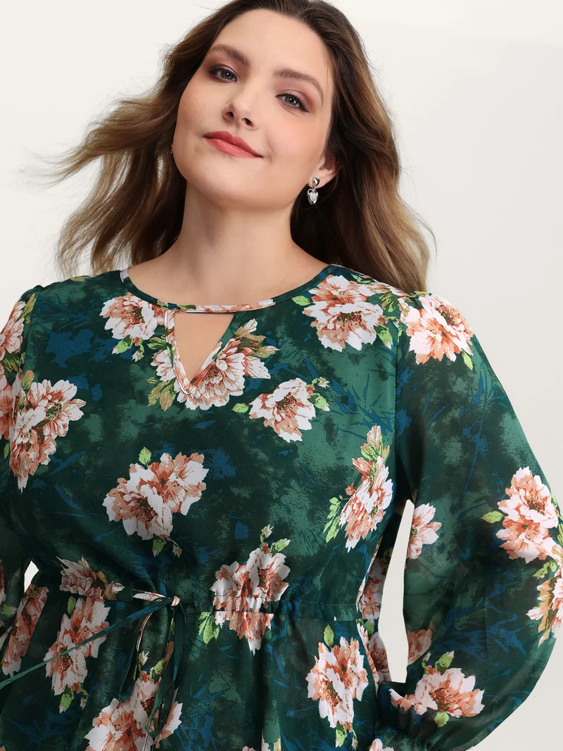Sheer Floral Print Tie Flared Blouse
