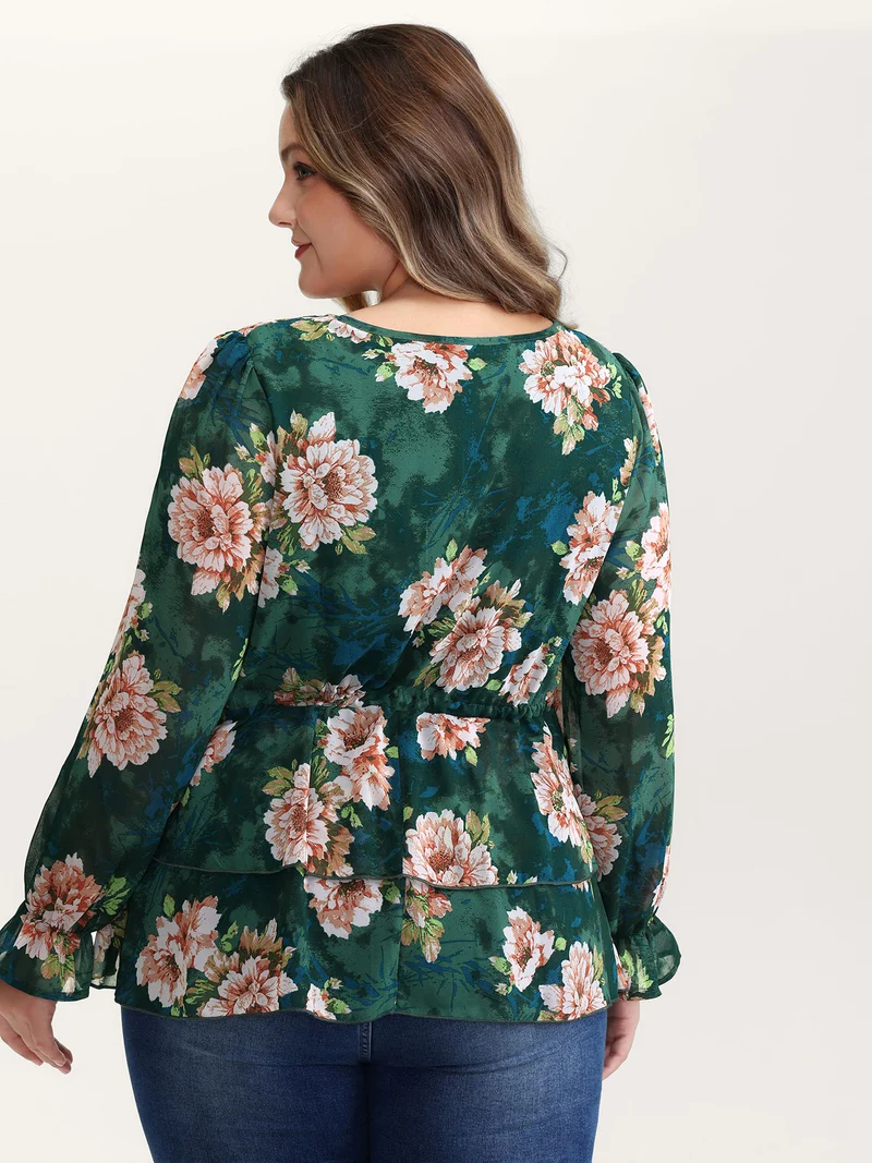 Sheer Floral Print Tie Flared Blouse