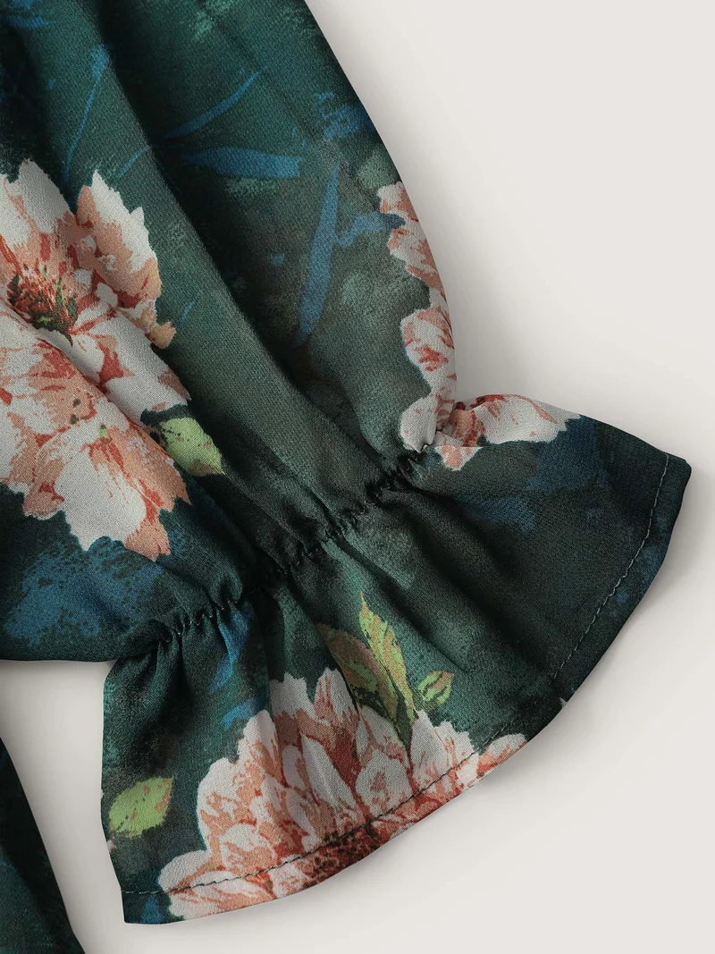 Sheer Floral Print Tie Flared Blouse