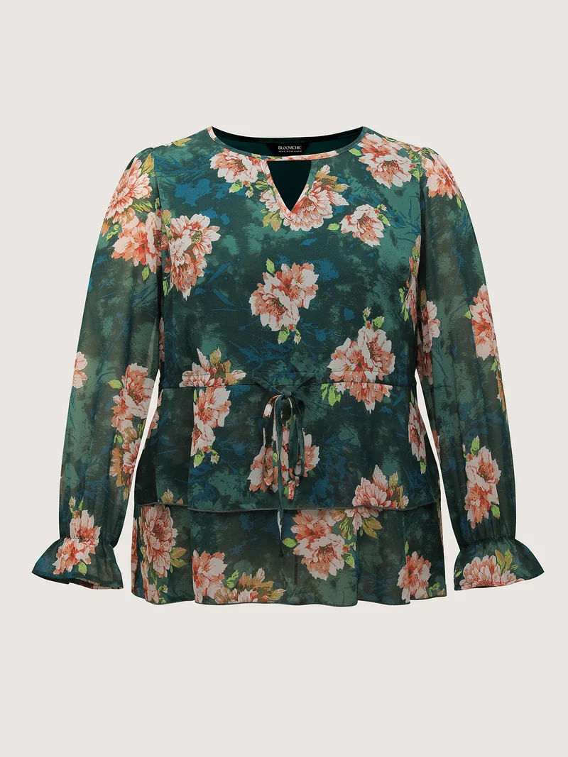 Sheer Floral Print Tie Flared Blouse